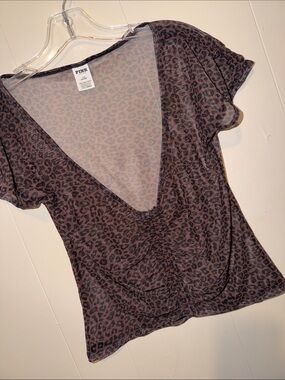 PINK Victoria's Secret Mesh Brown Leopard Print Deep V Short Sleeve Top